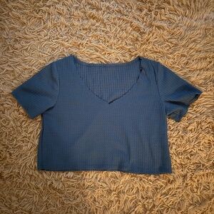 blue waffle v-neck designed crop top